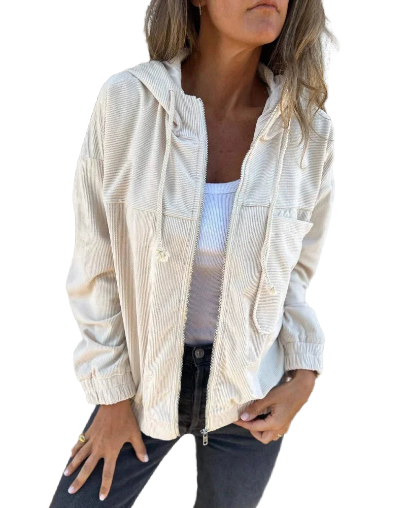 Reinweiße Damen Kapuzenjacke aus Baumwollmix mit Reißverschluss und Kordelzug für individuelle Anpassung.