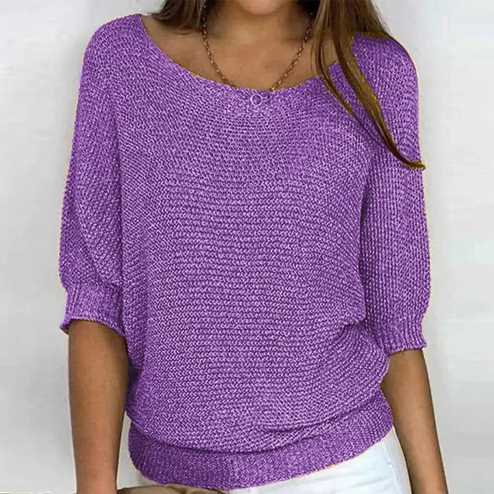 Lila Damen 3/4 Arm Pullover aus weichem Baumwollmix mit Rundhalsausschnitt und lässigem Schnitt für Alltag und Freizeit.