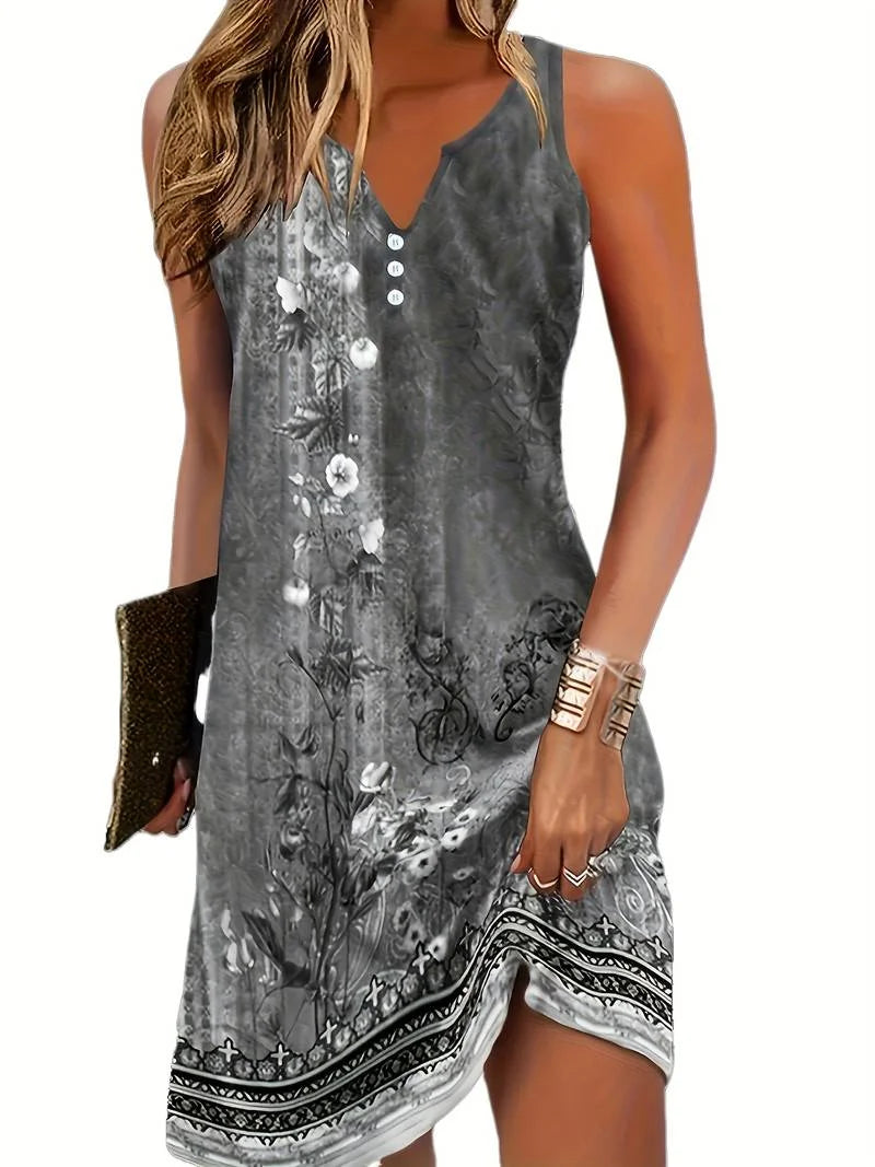 Graues Damen A-Linie Kleid mit V-Ausschnitt Ärmellos und Knopfleiste, aus leichtem Stoff, schlicht elegant für jeden Anlass.
