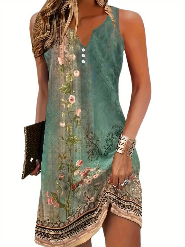 Grünes Damen A-Linie Kleid aus leichtem Stoff, Ärmellos mit V-Ausschnitt und Knopfleiste.