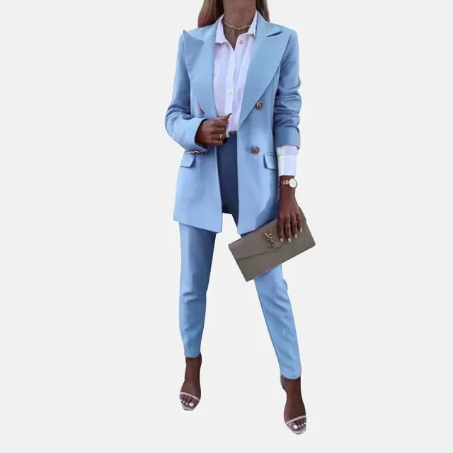 "Schickes Damen Anzug Set aus hochwertigem Polyester mit tailliertem Blazer und schmalen Hosen in elegantem Schnitt."