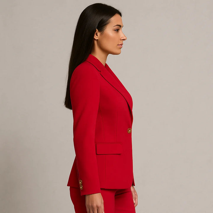 Damen Anzug Set mit zweireihigem Slim Fit Blazer und Hose aus einem hochwertigen, strapazierfähigen Stoff in elegantem…