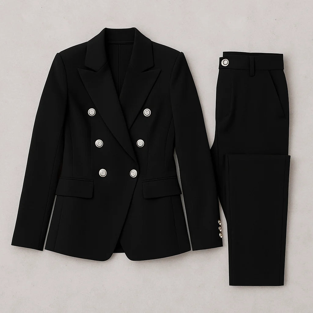 Damen Zweireihiges Slim Fit Blazer und Hose Set aus leichtem Polyester mit elegantem Schnitt und zeitloser Farbgestaltung.