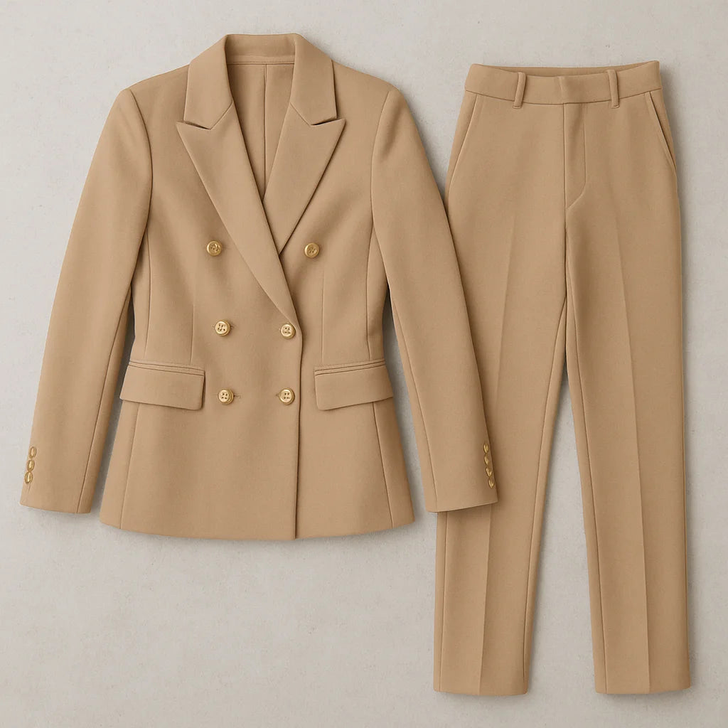 Damen Anzug Set aus hochwertigem Stoff, zweireihiger Blazer und Slim Fit Hose für einen modernen, eleganten Look.