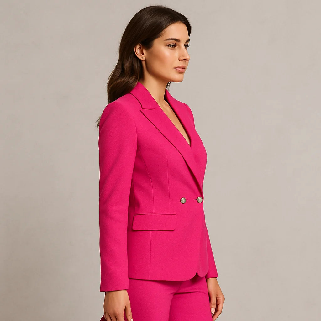 Zweireihiges Slim Fit Blazer und Hose Set für Damen aus hochwertiger Baumwollmischung in klassischem Design.