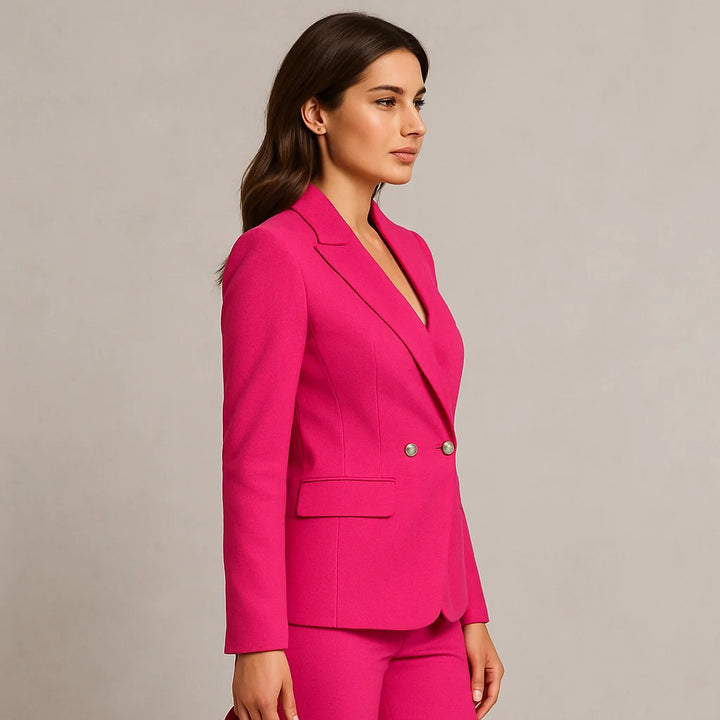 Zweireihiges Slim Fit Blazer und Hose Set für Damen aus hochwertiger Baumwollmischung in klassischem Design.