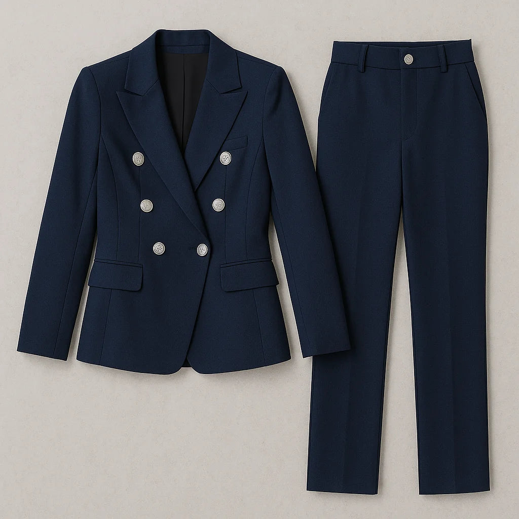 "Zweireihiger Damen Anzug Set aus hochwertigem Stoff, Slim Fit Blazer und passende Hose in elegantem Design."