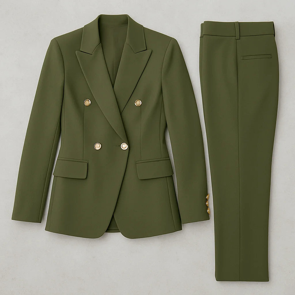 Damen Zweireihiger Slim Fit Blazer und Hose aus hochwertigem Stoff, elegantes Design mit klassischen Knöpfen und schmaler…