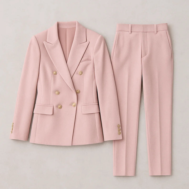 Damen Anzug Set mit zweireihigem Slim Fit Blazer und Hose aus hochwertigem, strapazierfähigem Stoff in klassischem Design.