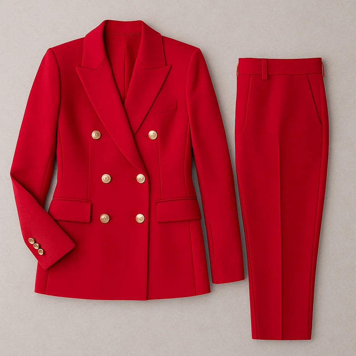 Zweireihiges Damen Anzug Set aus strapazierfähigem Stoff, Slim Fit Blazer mit passenden, schmalen Hosen in modernem Design.