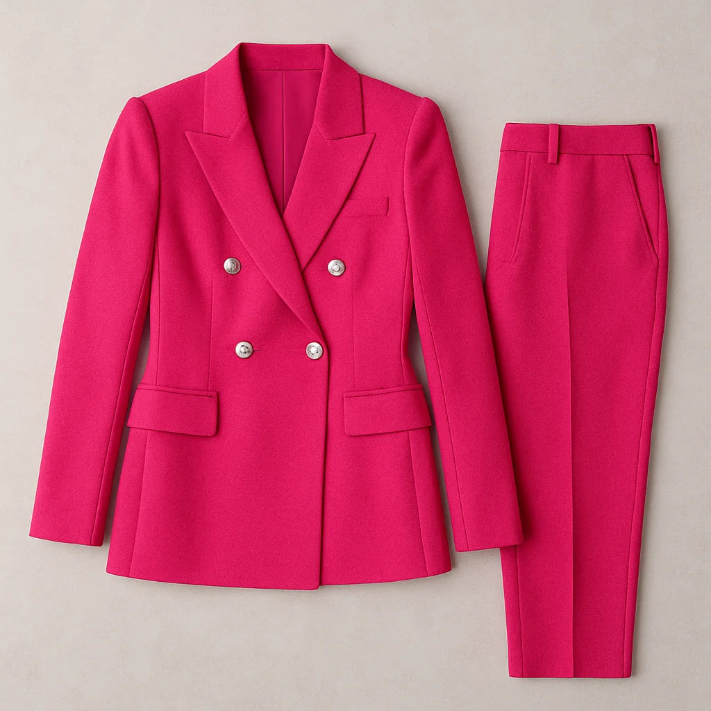 Damen Anzug Set aus hochwertigem Stoff, bestehend aus einem zweireihigen Slim Fit Blazer und passender Hose, perfekt für…