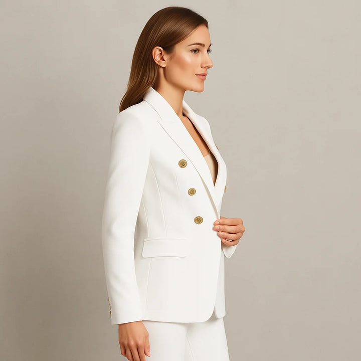 Zweireihiges Slim Fit Blazer Set für Damen aus hochwertigem Stoff mit passender Hose, ideal für formelle Anlässe.