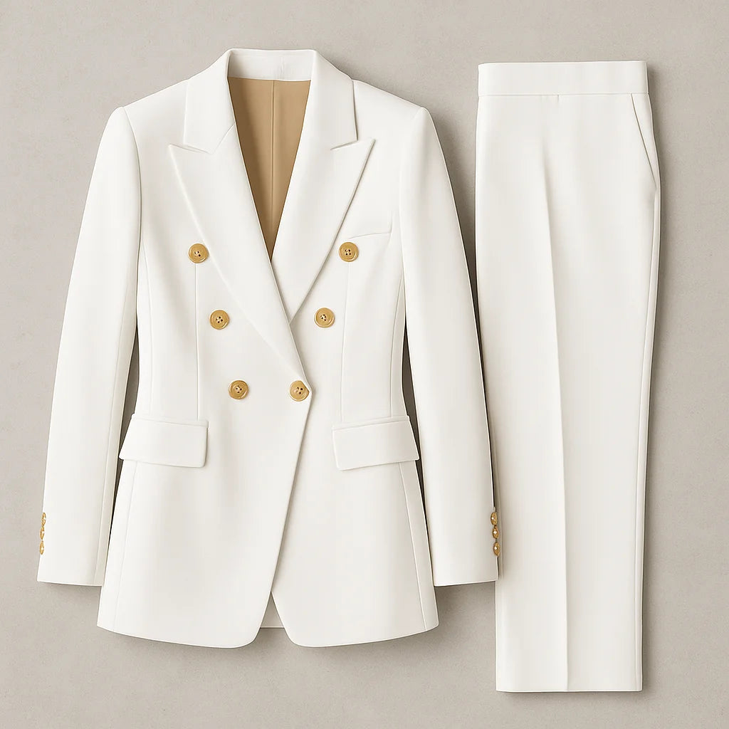 Damen Anzug Set bestehend aus einem zweireihigen Slim Fit Blazer und passender Hose aus weichem, formbeständigen Stoff.