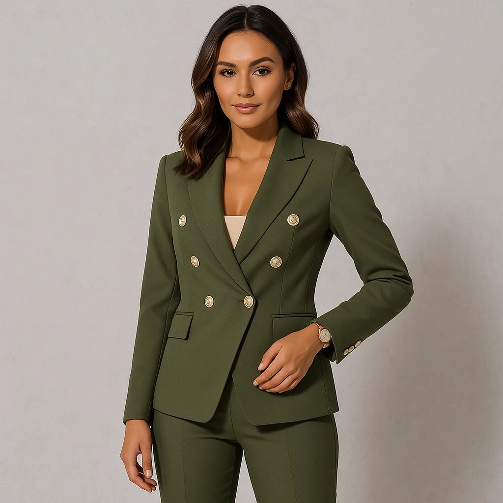 Damen Anzug Set in Armeegrün, zweireihiger Slim Fit Blazer mit passender Hose, aus bequemem, strapazierfähigem Stoff.