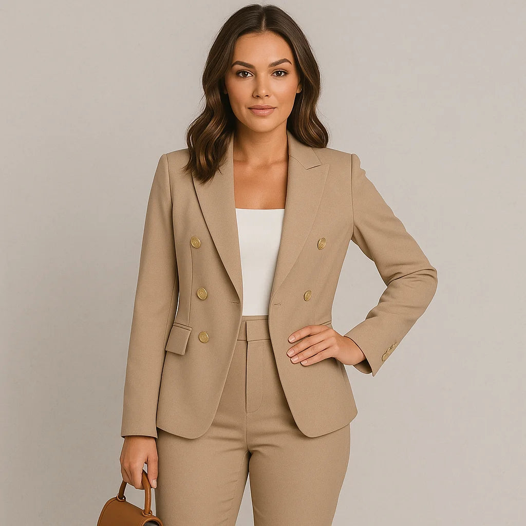 Damen Anzug Set in Khaki, Zweireihiger Slim Fit Blazer mit passender Hose aus leichtem, atmungsaktivem Material.