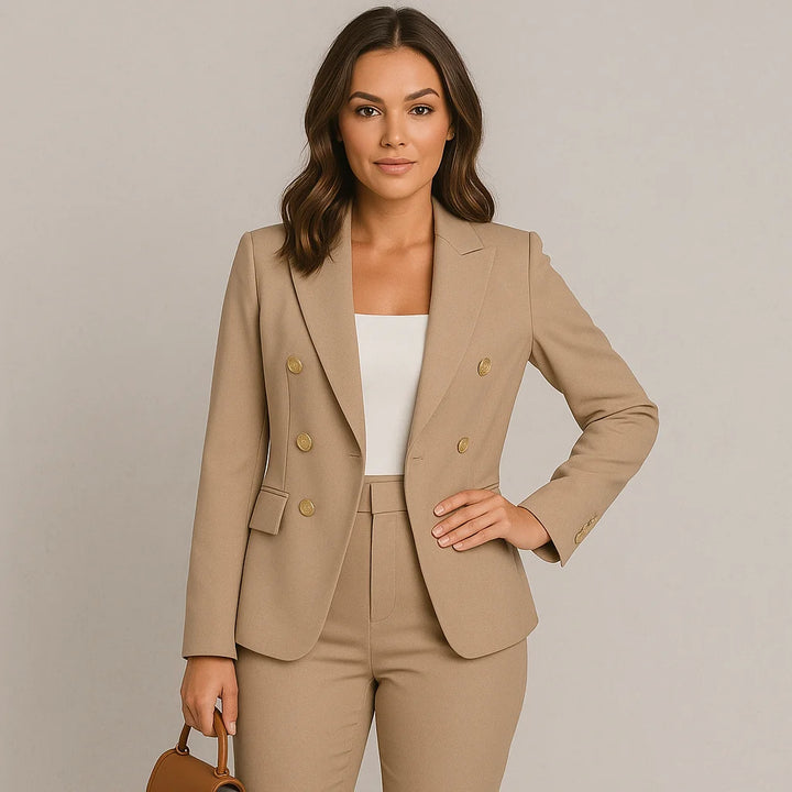 Damen Anzug Set in Khaki, Zweireihiger Slim Fit Blazer mit passender Hose aus leichtem, atmungsaktivem Material.