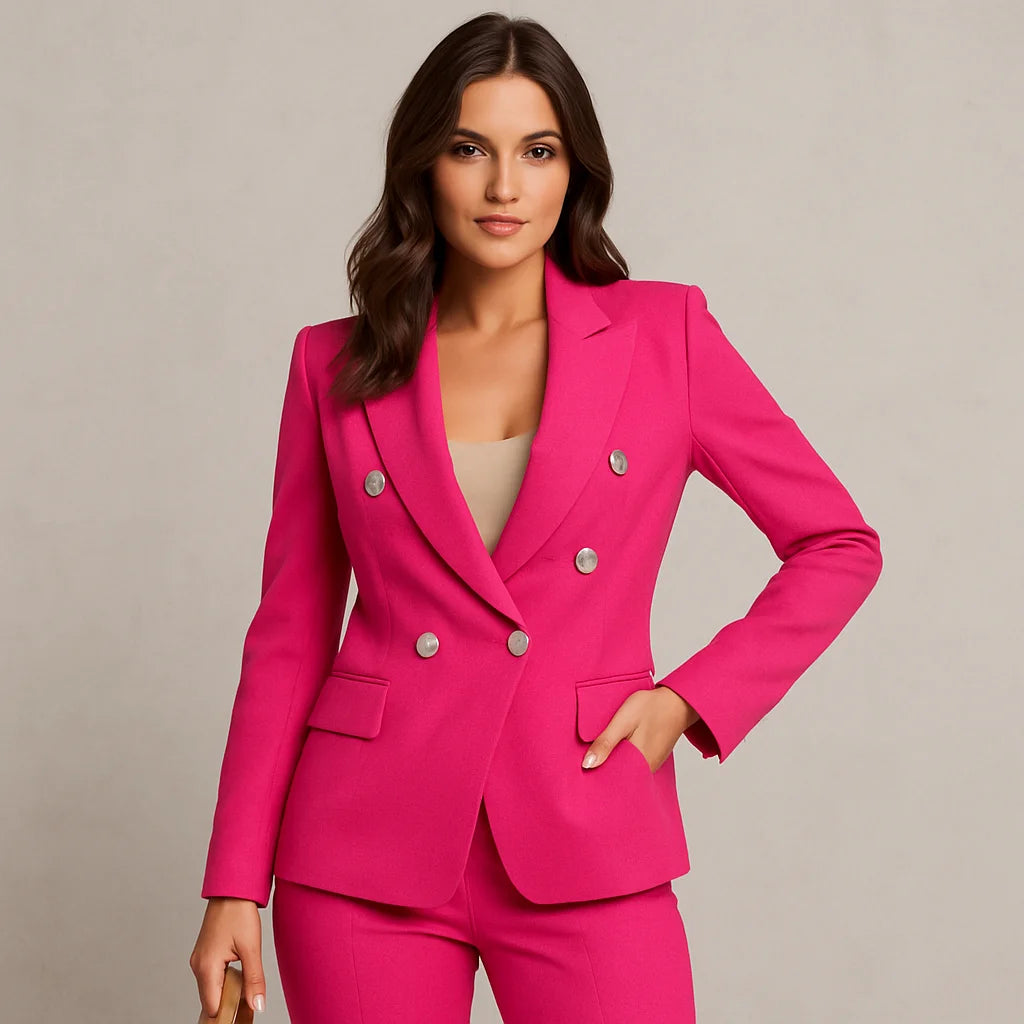 Damen Anzug Set in Rosenrot, zweireihiger Slim Fit Blazer und Hose aus weichem, hochwertigem Material, stilvolles Design.