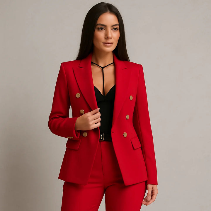 Damen Anzug Set in Rot, Zweireihiger Slim Fit Blazer mit passender Hose, aus hochwertigem, atmungsaktivem Stoff gefertigt.