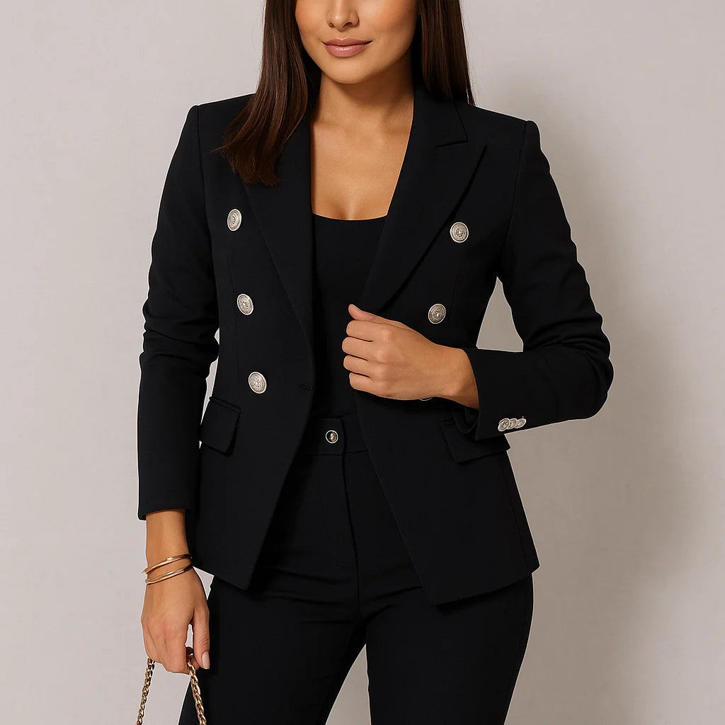 Zweireihiges Damen Anzug Set in Schwarz, Slim Fit Blazer und passende Hose aus angenehmem, strapazierfähigem Stoff.