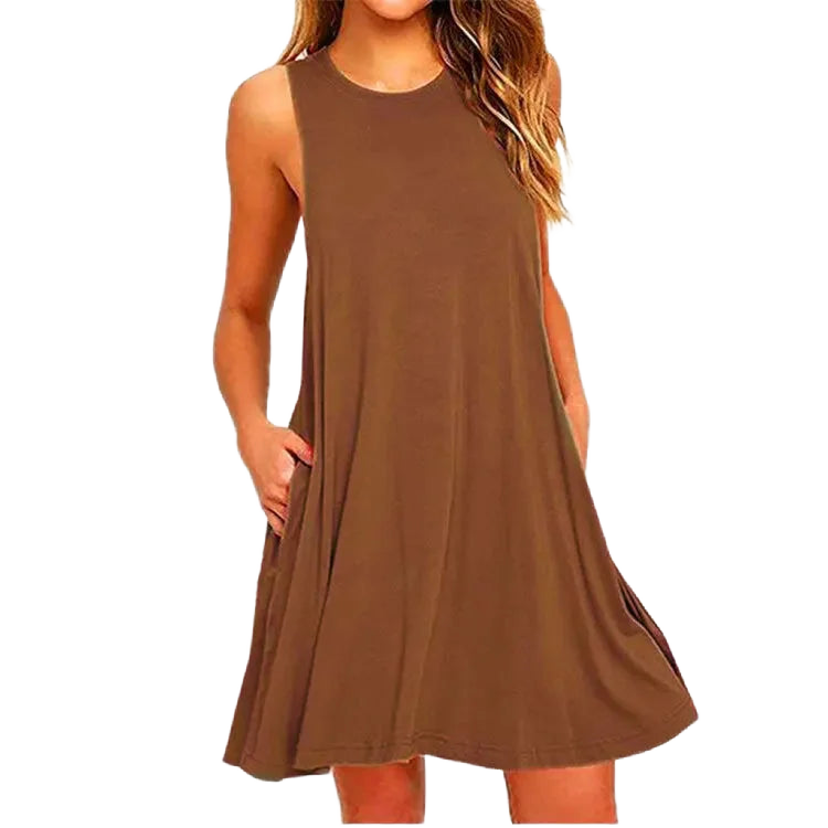 Schickes ärmelloses Swing-Kleid in Champagner, mit rundem Halsausschnitt und lässigem Schnitt - perfekt für den Freizeitlook.