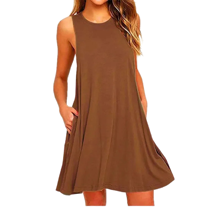 Schickes ärmelloses Swing-Kleid in Champagner, mit rundem Halsausschnitt und lässigem Schnitt - perfekt für den Freizeitlook.