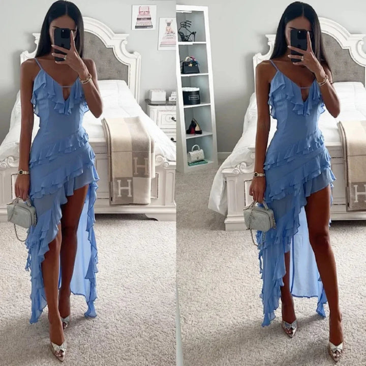 Blau asymmetrisches Partykleid aus leichtem Stoff mit Rüschen für Damen