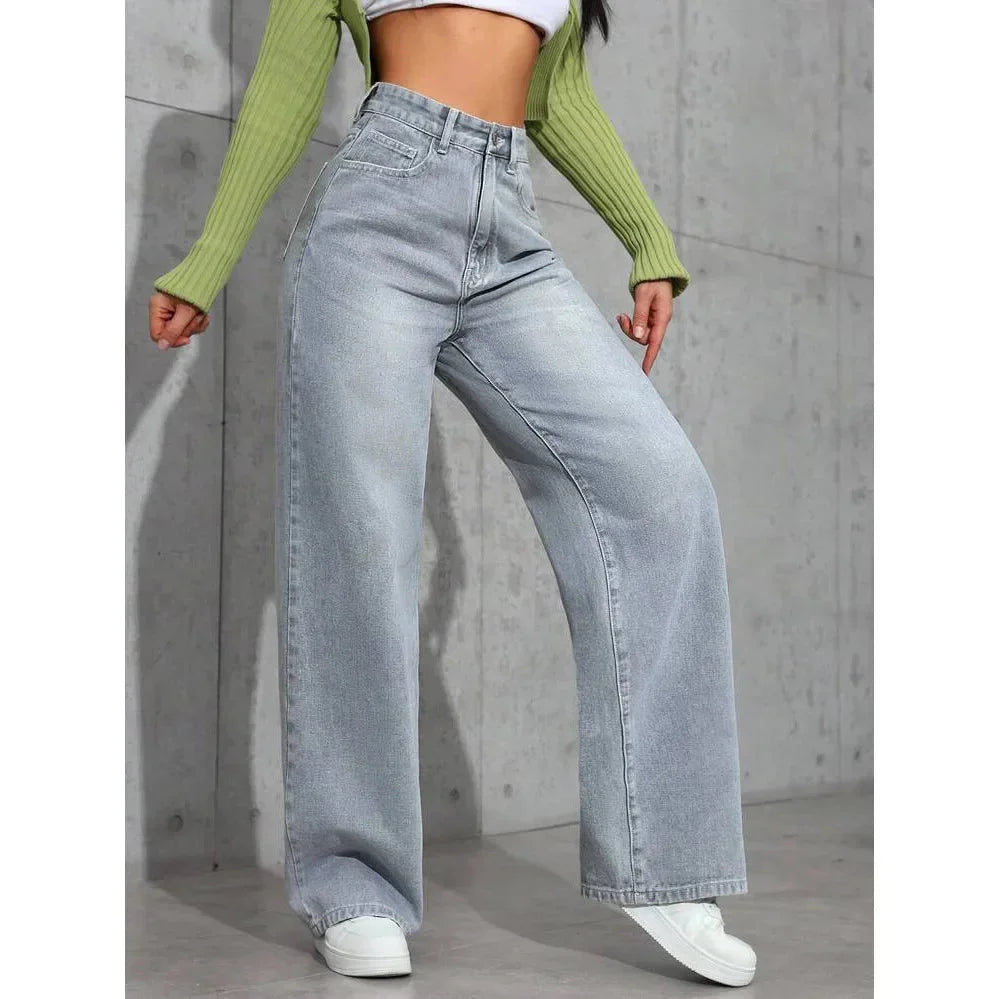 Damen Baggy Jeans mit hohem Bund, weitem Bein, aus denim, komfortabler Schnitt, lässiger Look, ideal für den Alltag.