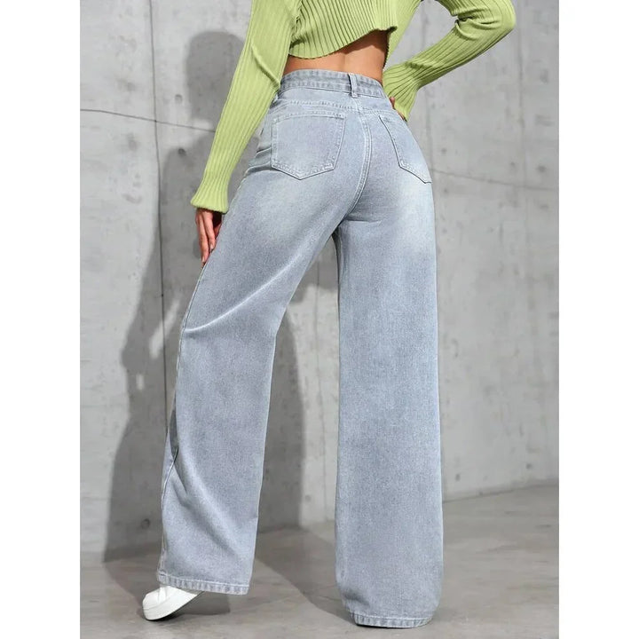 Damen Baggy Jeans mit hohem Bund, weitem Bein und robustem Denim-Material für bequemen Sitz und lässigen Stil.