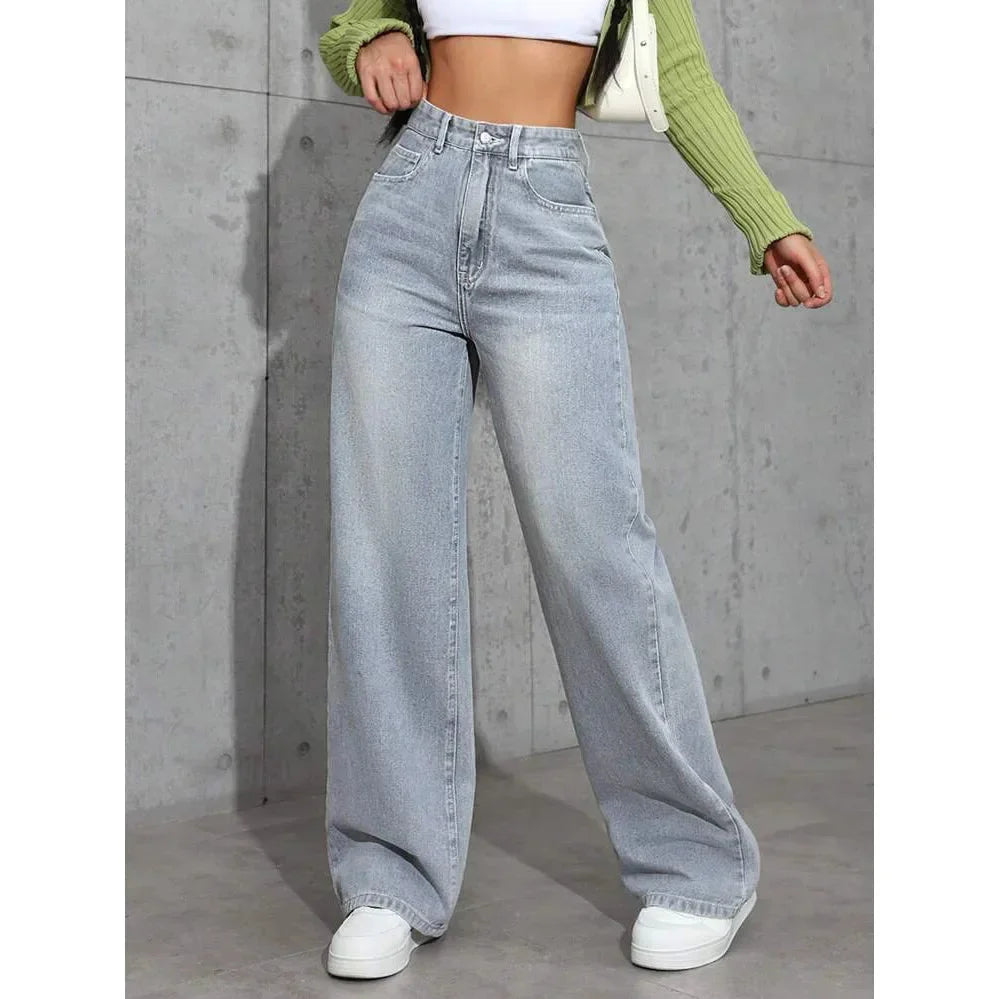 Damen Baggy Jeans mit hohem Bund, weitem Bein, aus hochwertigem Denim, ideal für lässige Alltagslooks.