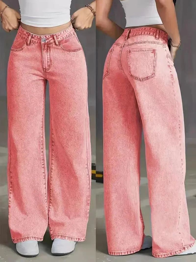 Rosa Damen Baggy Jeans mit hohem Bund, weitem Bein und weichem Baumwollmaterial für einen lässigen Look.