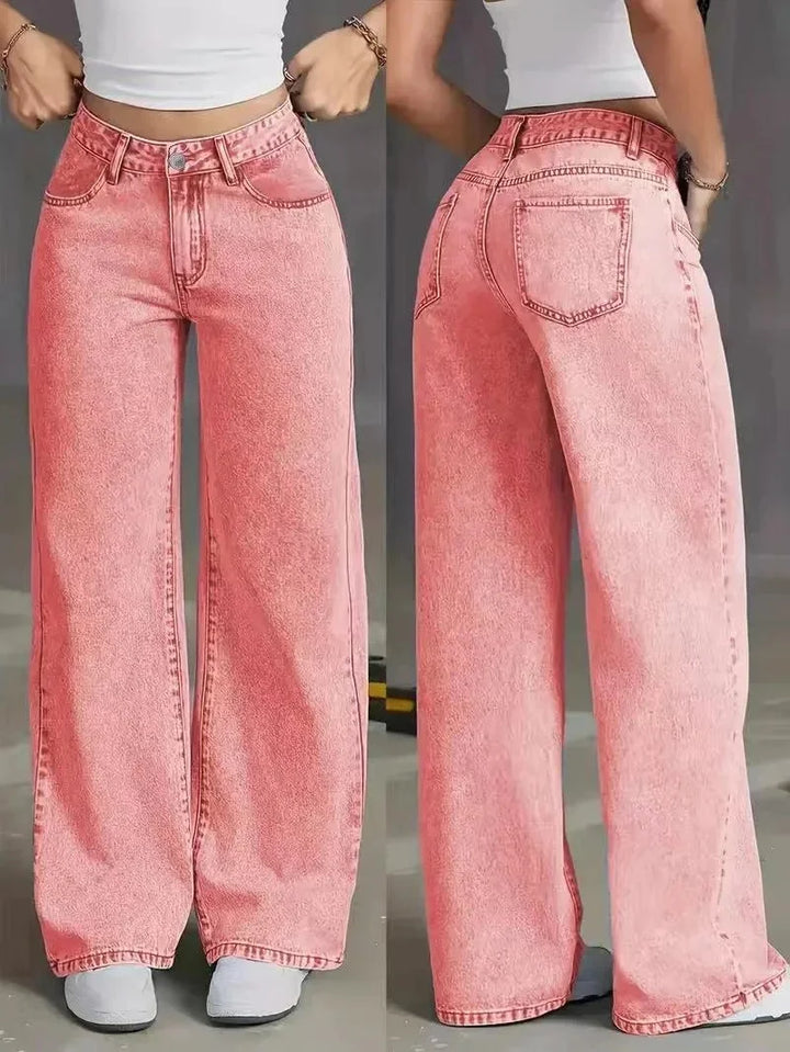 Rosa Damen Baggy Jeans mit hohem Bund, weitem Bein und weichem Baumwollmaterial für einen lässigen Look.