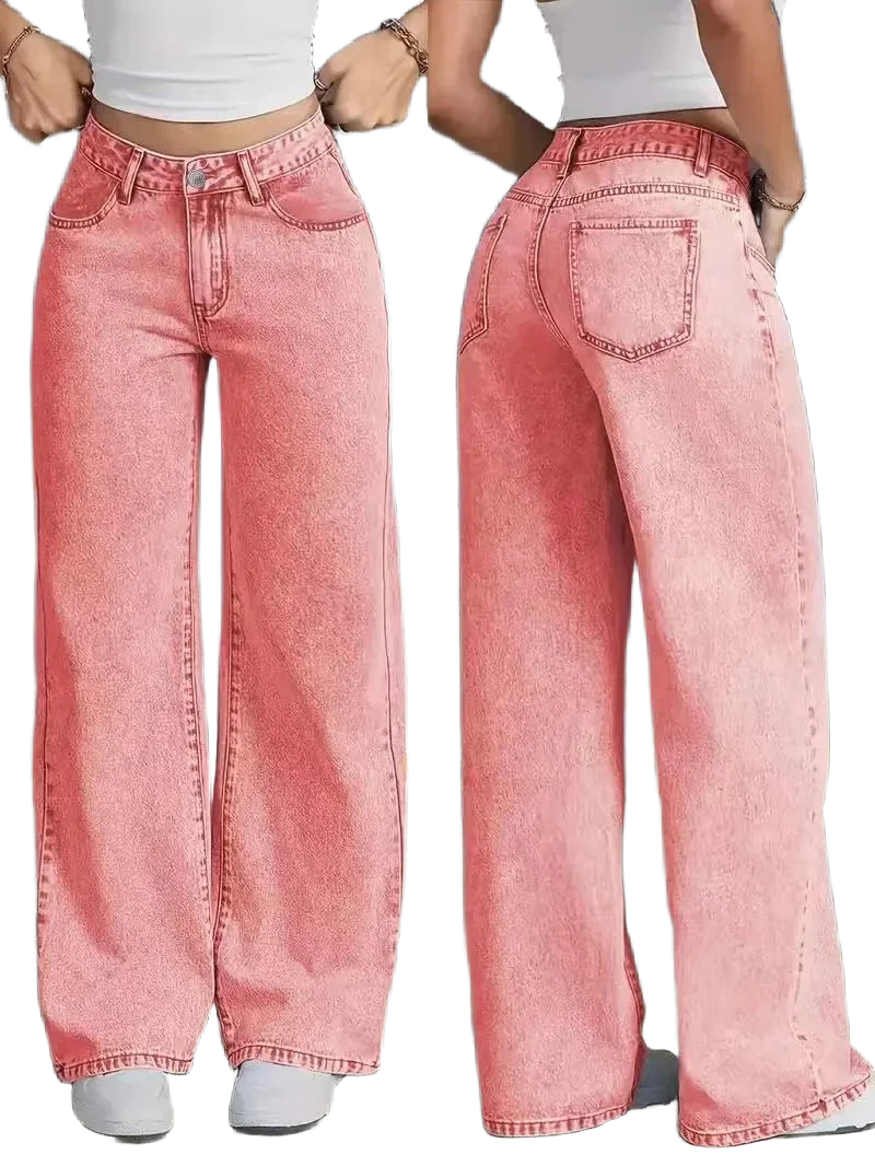 Rosa Damen Baggy Jeans mit hohem Bund, weitem Bein und weichem Baumwollmaterial für einen lässigen Look.