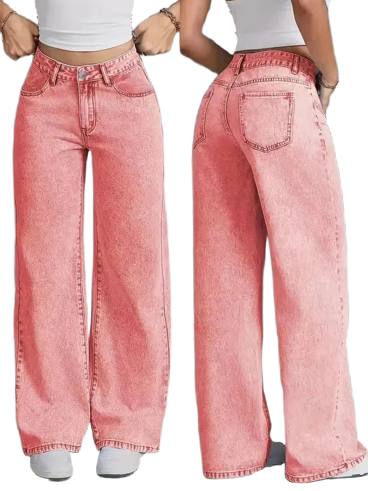 Rosa Damen Baggy Jeans mit hohem Bund, weitem Bein und weichem Baumwollmaterial für einen lässigen Look.