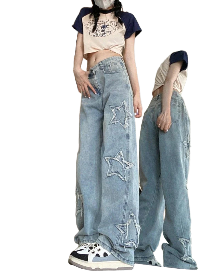 Himmelblaue Damen Baggy-Jeans aus Baumwolle mit Sternendetails und hoher Taille für einen lässigen Look.
