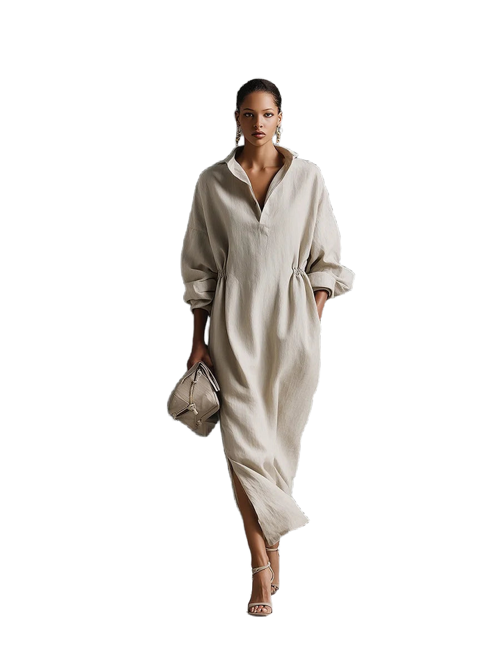 Beiges Damen Maxi-Kleid mit Langärmeln, Kragen und fließendem Stoff, ideal für verschiedene Anlässe.