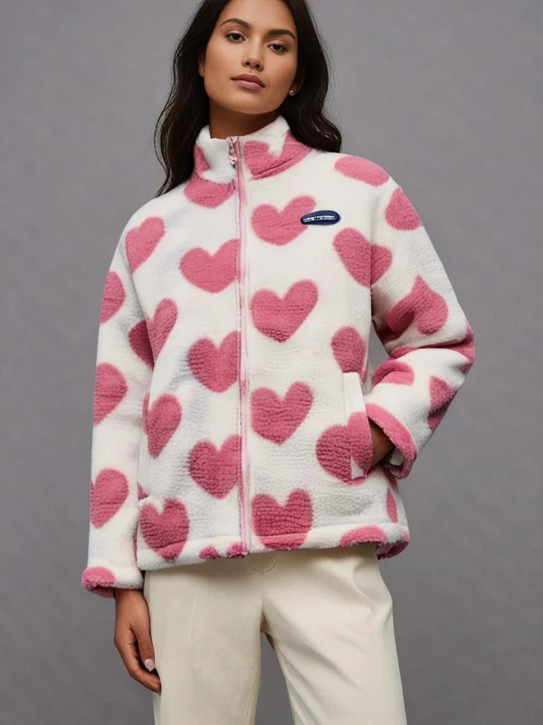 Damen Übergangsjacke mit Herzmuster-Innenfutter, aus leichtem Material, ideal für Übergangszeiten, lässiger Schnitt.