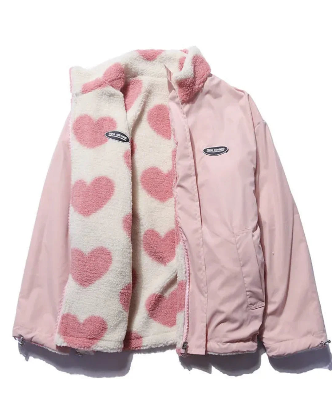 Damen Übergangsjacke in Rosa mit Herzmuster-Innenfutter, aus leichtem Material, ideal für Frühling und Herbst.