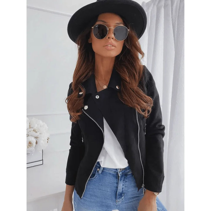 Damen Bikerjacke aus Leder mit Reißverschluss und Knopfleiste, lässigem Schnitt und praktischen Taschen für Alltag und…