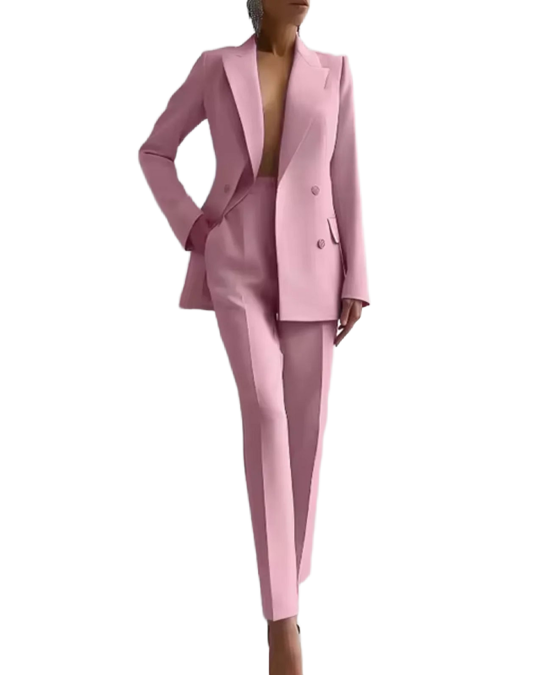 Rosa Damen Blazer mit Faltenhose, aus leichtem Baumwollmix, schicke Passform und zeitloses Design für vielseitige Anlässe.