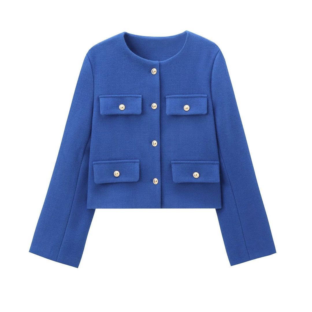 Blauer Damen Blazer mit Knopfdetails, geradem Schnitt und hochwertigem Stoff für einen eleganten Look.