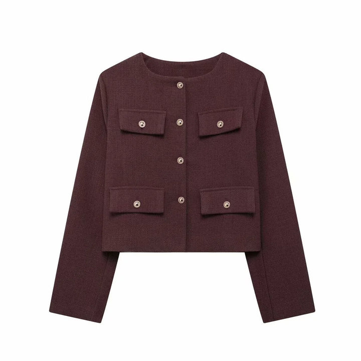 Brauner Damen Blazer mit Knopfdetails, geradem Schnitt und strukturiertem Material für vielseitige Outfit-Kombinationen.