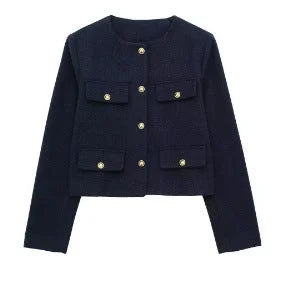 Dunkelblauer Damen Blazer mit Knopfdetails, geradem Schnitt und weichem, hochwertigem Material für eleganten Look.