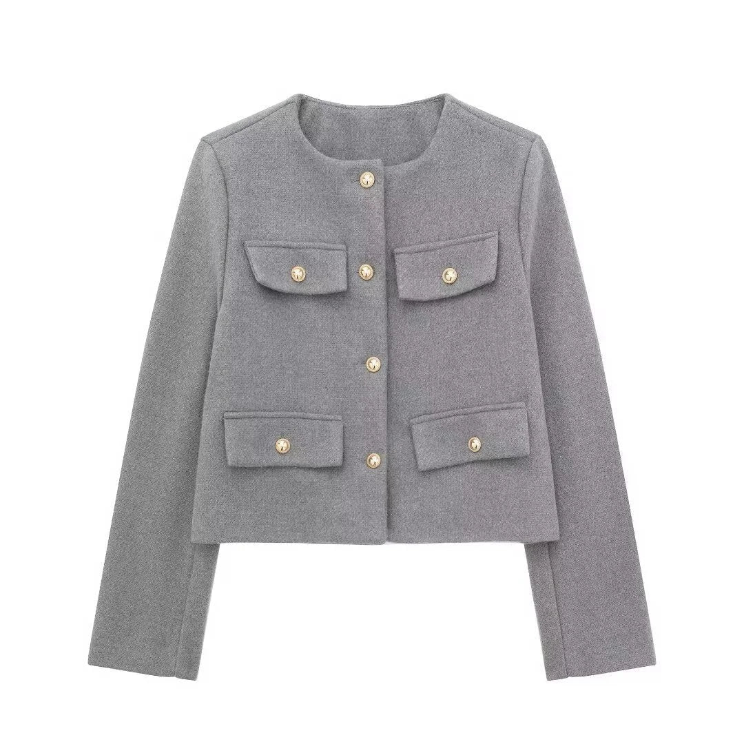 Grauer Damen Blazer mit Knopfdetails, geradem Schnitt, aus leichtem Stoff für vielseitige Kombinationsmöglichkeiten.