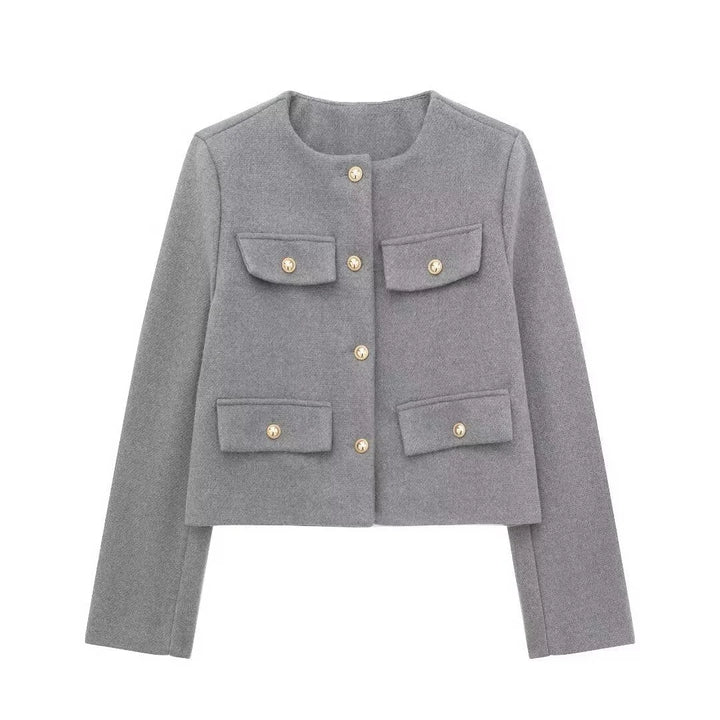 Grauer Damen Blazer mit Knopfdetails, geradem Schnitt, aus leichtem Stoff für vielseitige Kombinationsmöglichkeiten.