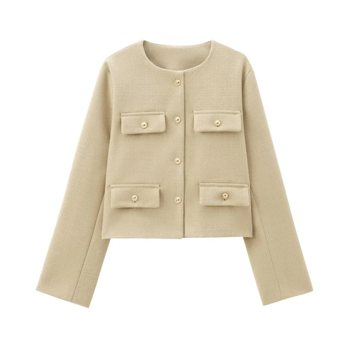 Hellbeiger Damen Blazer aus leichtem Material mit Knopfdetails und geradem Schnitt für einen einfachen, eleganten Look.