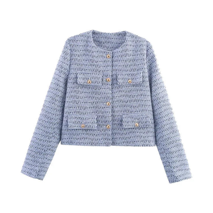 Hellblauer Damen Blazer aus leichtem Stoff mit Knopfdetails und geradem Schnitt für einen klassischen Look.