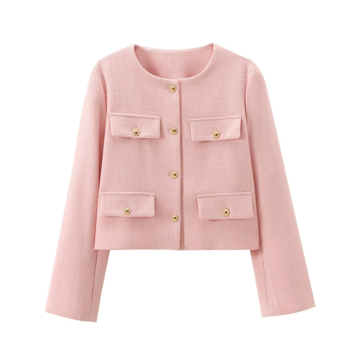 Hellrosa Damen Blazer aus leichtem Stoff, mit Knopfdetails und gerade geschnitten für einen durchgehenden, eleganten Look.