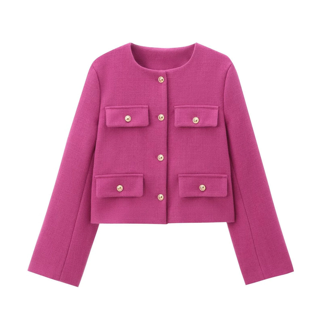 Rosa Damen Blazer mit Knopfdetails, geradem Schnitt und einem leichten Stoff, ideal für elegante Anlässe oder den Alltag.