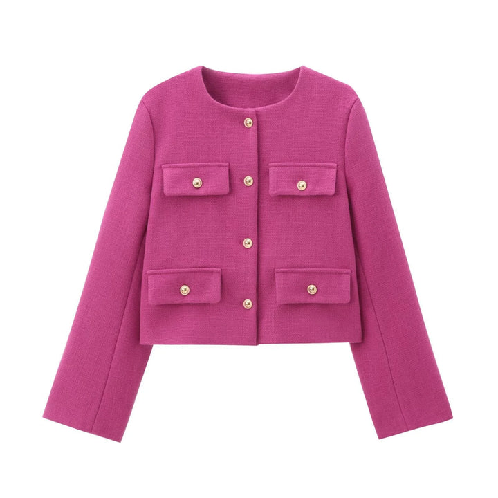 Rosa Damen Blazer mit Knopfdetails, geradem Schnitt und einem leichten Stoff, ideal für elegante Anlässe oder den Alltag.
