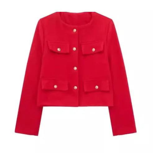 Roter Damen Blazer aus hochwertigem Stoff mit Knopfdetails und geradem Schnitt für einen stilvollen Look.